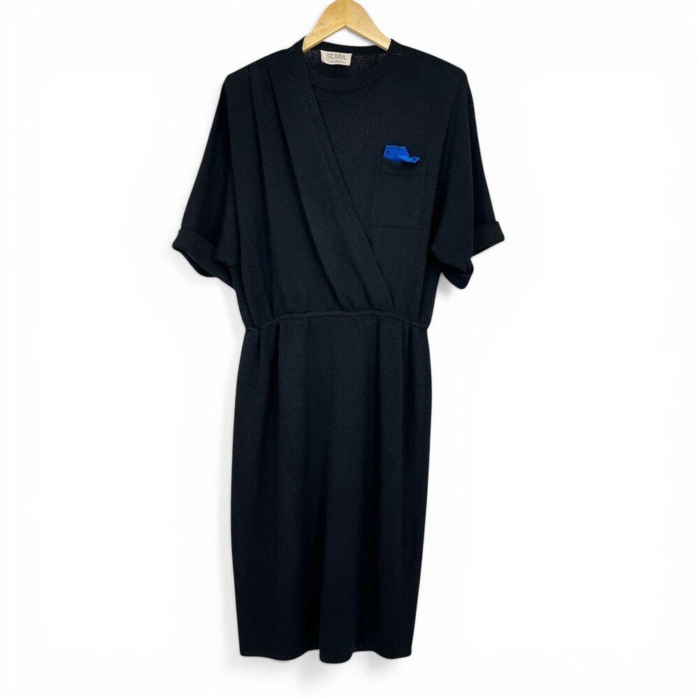Vtg ST. JOHN Santana Knit Short Sleeve Wrap Faux Dress  Sz 10 Black Timeless